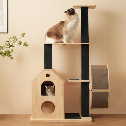Katzenbaum mit großem Lauf- & Kratzrad – Massivholz Kratzbaum 152 cm hoch mit Häusern, Plattformen & Sisalstämmen für Katzen, Kletter- & Spielturm