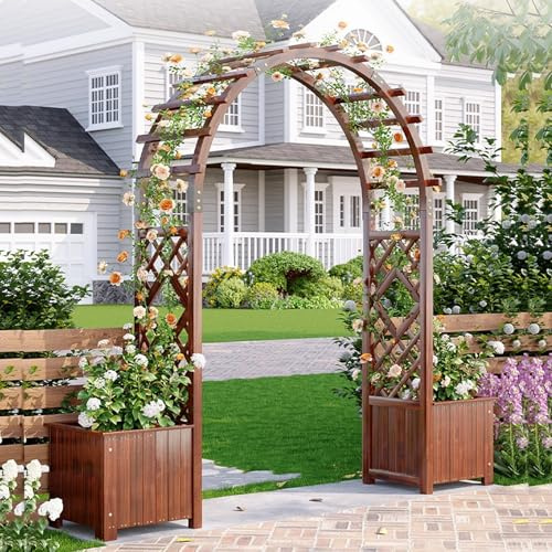 FORRTY Holz Gartenbogen Mit Pflanzkasten Rosenbogen Hochzeit Bogen for Zeremonie Rankhilfe for Kletterpflanzen Outdoor Dekorativer Gartenbogen for Terrasse Eingang Rasen Party(with Box,140cm)