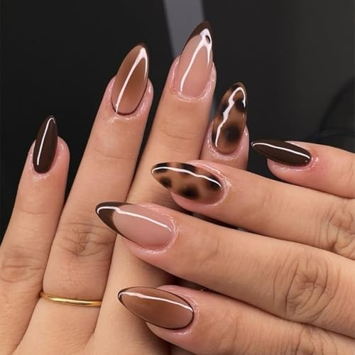 Aribliseza Press On Nails, 24 Stick-On Nails & Medium Almond Fake Nails, Brown Leopard Print French Nails, Gradient Design Full Cover Acrylic Nails for Women