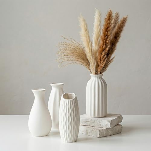 XRVRILE Keramikvase Vasen Set kleine Vasen vase weiß vase modern – 4er Mini Vase Set dekovase tischdekovase für Pampasgras Trockenblumen Wohnzimmer Regal Deko ästhetisch minimalistisch weiß
