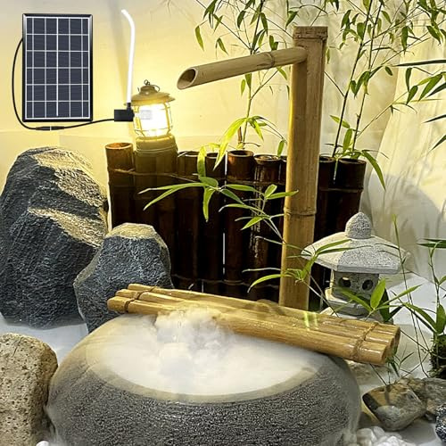 Fontaines D'extérieur en Bambou, Fontaine Solaire Décorative en Bambou avec Pompe Et Panneau Solaire 6W, Fontaines d'eau Feng Shui Zen Artisanales pour Terrasse, Jardin