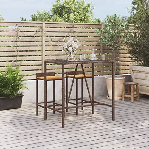 RCODSSK Bartisch mit Glasplatte aus Poly Rattan für Terrasse und Außenbereich, Brauner Bistrotisch als Stehtisch mit Glasplatte