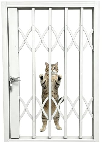Inferriate per Finestre Griglia di Sicurezza in Metallo per Porta Animali | Per Domestici Cani Gatti, Cancelletto a Soffietto, Grata Pieghevole Estensibile Bianca con Serratura(50x85cm/20x33in)