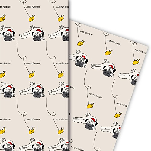 Lustiges Geschenkpapier Set (4 Bogen) | Dekorpapier mit Weihnachts Mops und Hendl: Alles für Dich, beige, für tolle Geschenk Verpackung zu Nikolaus, Advent, Weihnachten 32 x 48cm