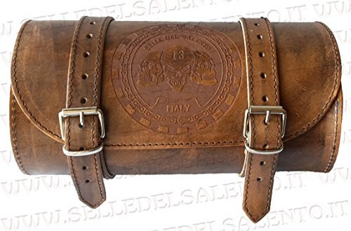 Selle del Salento BARILOTTO 25x12 Cuoio marrone Spazzolato 3 teschi porta attrezzi bikebag Satteltasche compatibile con harley devindson moto guzzi triumph