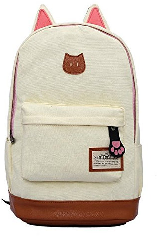 VHVCX Canvas-Rucksack für Frauen Mädchen Schulranzen Schulranzen netten Rucksack-Schule-Rucksack Kinder-Katze-Ohr-Karikatur-Frauen-Beutel Beige, A
