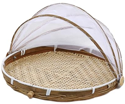 Handgefertigter runder Bambus-Aufbewahrungskorb, Anti-Mücken, staubdicht, Picknickkorb mit Gaze für, Gemüse, Brot mit Schutznetz-Abdeckung