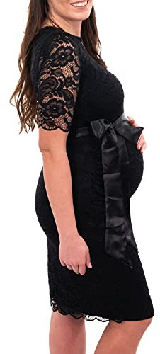 Herzmutter Robe de Grossesse mi-Longueu Dentelle Soirée Mariage pour Femme Enceinte élégant Maternité Festive - 6200 (M, Noir)