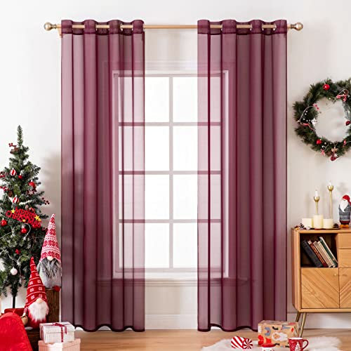 MIULEE 2er Set Voile Vorhang Weihnachtsdeko mit Ösen Gardine aus Voile Polyester Ösenschal Transparent Wohnzimmer Luftig Dekoschal für Schlafzimmer rot 245 x 140cm (H x B), Grommet Top