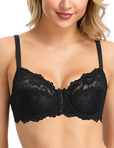 WingsLove Women's Floral Lace Bra Underwire Non Padded Soft Cup Full Coverage Black 38DD