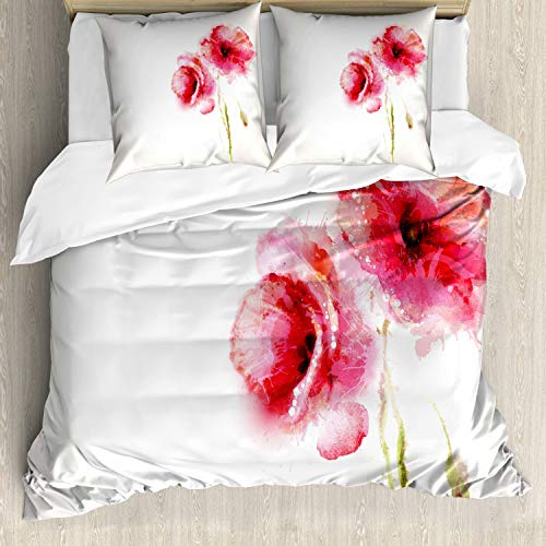 ABAKUHAUS Blume Bettbezugs Set Für Doppelbetten, Rote Mohnblumen Vivid Frühling, Milbensicher Allergiker geeignet mit Kissenbezügen,Hellgrün Pink
