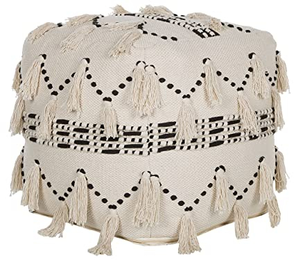 Pouf in Beige und Schwarz 50 x 50 cm Baumwolle in Boho-Stil Fransen Thondi