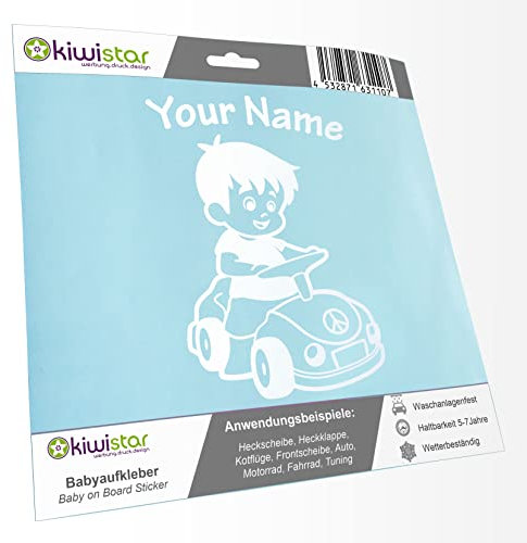 Kiwistar - Babyaufkleber - Mattweiß - Junge Auto Sticker - mit Wunschtext individuell personalisiert 20cm - für Auto, Motorrad, Tuning - Baby on Board Aufkleber selbst gestalten - selbstklebend
