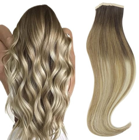 hotbanana Tape in Extensions Echthaar, 60cm Tape Extensions Echthaar 24 Zoll 20 Stück 50g Ombré Walnuss Braun bis Ash Braun und Bleach Blonde Echthaar Extensions Tape Gerade Echthaar Tape Extensions