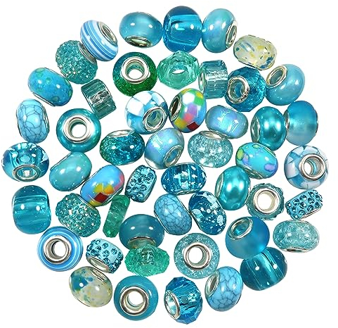 TOAOB 50 Stück Europäische Perlen 20 Stile Hellblau Große Loch Strass Charms Spacer Perlen Für DIY Handwerk Armbänder Halsketten Schmuckherstellung