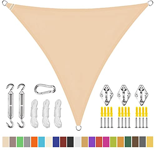 Sonnensegel Dreieckig Polyester Windschutz Wasserdicht UV Schutz Sonnensegel Sonnenschutz mit Befestigungs Kit, für Garten Balkon Camping-Beige||2x2x2m