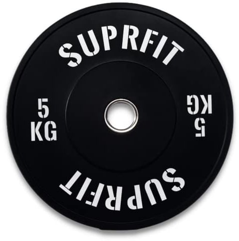 SUPRFIT Gummierte Fitness Bumper Plates 50mm Gewichtsscheiben aus Vollgummigranulat - Gewicht: 5kg, Stoßabsorbierende Hantelscheiben 50mm fürs Hanteltraining, Gewichtscheiben - Farbe: Schwarz/Weiß
