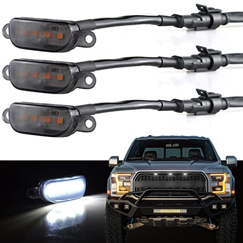 Boigoo Front Grill Lights Compatible with Ford F-150 Raptor Style & Dodge Ram 1500 Grid Grilles, Cars Grid Decorative LED (White - Smoked Lens)