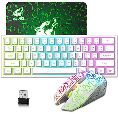 LexonElec 2.4GHz Tastatur Maus Gaming Set Kabellos Beleuchtet, 61 Tasten Regenbogen 3800mAh Wederaufladbare Mechanische Feel Tastatur, 2400 DPI Regenbogenlicht-LED 6 Tasten Maus, Kompatibel PC - Weiß
