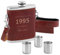 Maverton Flachmann mit Gravur - personalisiert - 250 ml - aus Edelstahl - 3x10 ml Pinnchen - Lederetui mit Riemen - Geburtstagsgeschenk und mehr - Farbe: Silber/Braun - Vorzüglich
