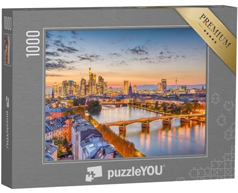 puzzleYOU: Puzzle 1000 Teile „Wunderschöner Blick auf Frankfurt am Main in der Dämmerung“ – aus der Puzzle-Kollektion Main, Skylines, Frankfurt, Deutsche Städte, Skyline Frankfurt
