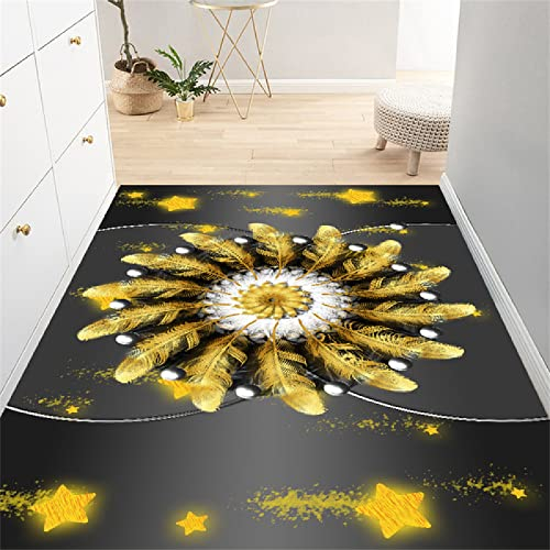 Teppich Lang Flickenteppich Waschbar Auslegware Teppichboden Teppich mit goldenen Federn, schwarz, Eingangsmatte für den Eingang zum Wohnzimmer Teppich Waschbar 80X120cm