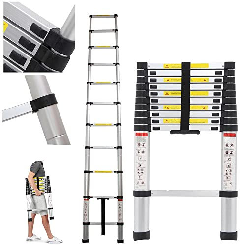 Loft Telescoping Ladder Folding Fixing Bolt 3.2 m / 10.5 ft 3.2 m EN131 Extendable Aluminium Ladders Extendable Folding Portable 11 Steps Extension Ladder DIY Multi-Use