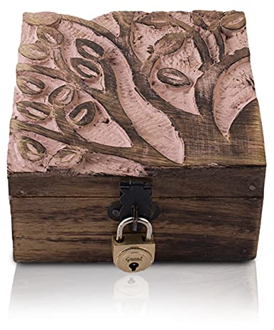 Tolles Geburtstagsgeschenk, handgefertigt, dekorative Holz-Schmuckschatulle, mit Baum des Lebens, Schnitzerei, Schloss und Schlüssel, Schmuck-Organizer, Schatztruhe, Uhrenbox, Aufbewahrungsbox (rosa)