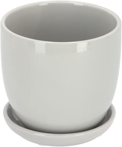 KOTARBAU® Macetero con Plato de Ceramica esmaltada, 20 cm, Maceta para Interiores y Exteriores, Tiesto Decorativo para Plantas, Gris, con Plato y Orificio de Drenaje