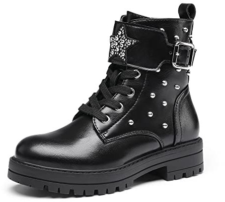 DREAM PAIRS Kids Ragazze Moda Stivali Bambine Caldo Inverno Stivaletti Stringati per Bambina,Size 35,Nero/Pu,SDBO2231K-E