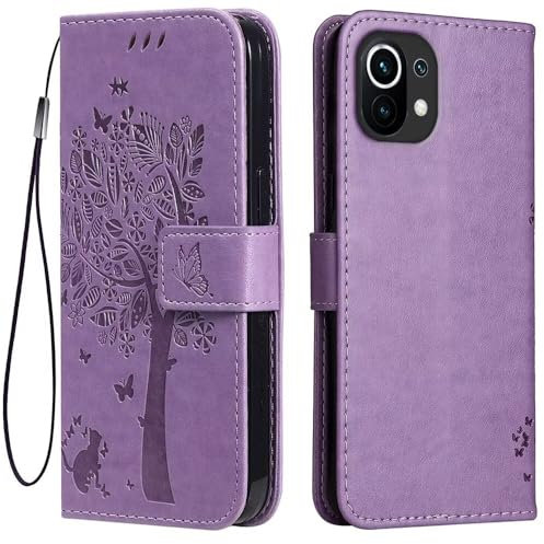 Topme Leder Tasche Hülle für Xiaomi MI 11 Lite / 11 Lite 5G / 11 Lite 5G NE (6.55 Inches), [Katzen- Und Baummuster-Stil Handytasche] - Helles Lila