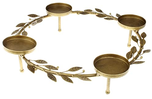 MACOSA SA88892 Adventskranz mit Blätter Gold Ø 40 cm Adventsgesteck 4 Kerzenhalter Tisch-Dekoration Landhaus Advent Weihnachtsdeko Metallkranz Kerzenkranz