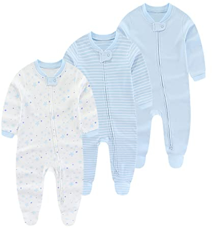 Chamie Baby Schlafanzug Strampler Langarm für Baby Jungen und Mädchen, Doppelter Reißverschluss und Halsschutz, 0-3m/3-6m/6-9m/9-12m