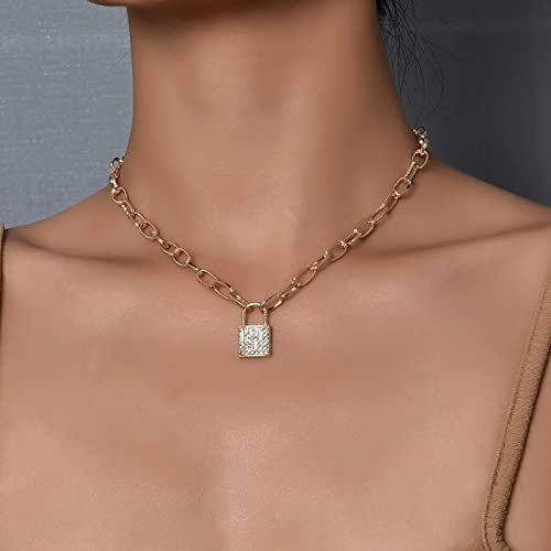 TseenYi Gold Padlock Necklace, Boho/Minimalist Style, 14 Inch Chain, Crystal Pendant, Women's & Girls' Necklace
