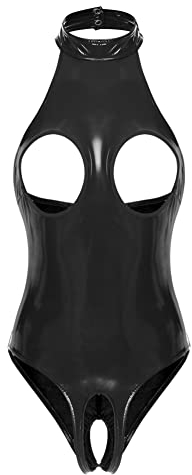 CHICTRY Women's Patent Leather Opening Breast Bodysuit Zipper Crotch Leotard Catsuit Clubwear Teddy 3# Black L