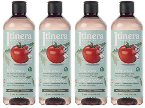 ITINERA Bagnoschiuma, bagnodoccia rigenerante al pomodoro di Sorrento, 95% ingredienti naturali, 370 ml 4 pezzi