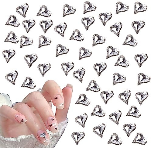 Heart Nail Rhinestones, 30 Pcs 3D Love Heart Shaped Nail Charms Shiny Crystal Nail Art Rhinestones Gems Nail Art Decorations for DIY Crafts Jewelry Making (Clear)