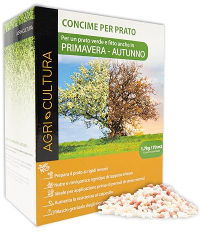 AGRI-CULTURA® | Concime Prato PRIMAVERA-AUTUNNO, Confezione Da 1.7 Kg Per 70m²| Prato Fitto e Verde In Primavera e Autunno | Ideale per tappeti erbosi sportivi ed ornamentali.