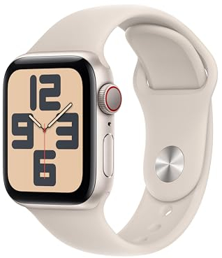 Apple Watch SE (2. Generation, 2023) (GPS + Cellular, 40 mm) Smartwatch mit Aluminiumgehäuse und Sportarmband (S/M) in Polarstern. Fitness- und Schlaftracker, Unfallerkennung, Herzfrequenzmesser