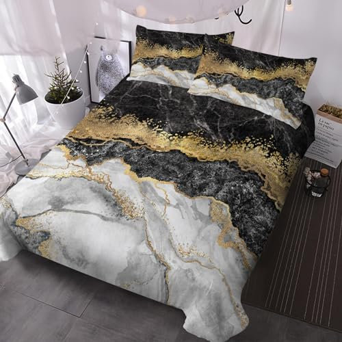 Schwarzer und goldener Marmor Bettwäsche 135x200cm Atmungsaktive Angenehme mit Reißverschluss und Kissenbezüge 80x80cm Geometrisches Muster 100% Baumwolle Bettwäsche-Sets Bettbezug 3teilig
