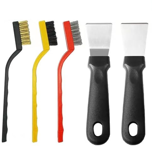 gsplmm 2Pcs Cleaning Scraper for Ovens, Stoves, Induction Hob, Stainless Steel Multi-Kitchen Scraperwith 3Pcs Stainless Steel Brass Nylon Brush ,Straight Version + Bending Version (Black)