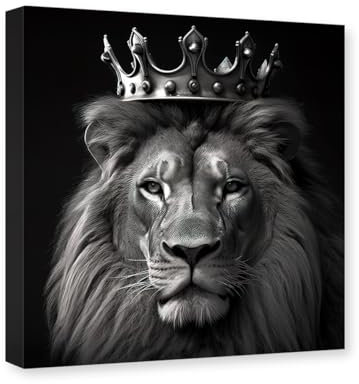 CXHOSTENT Schwarz-weiße Tier-Leinwand-Kunst Löwe-Bilder Wanddekoration Löwe mit Krone Gemälde Druck Tierporträt Poster Dekor Rahmen (Löwe - 4, 40.00 x 40.00 cms)