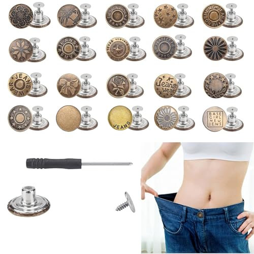 Lot de 20 boutons réglables pour coudre des jeans en métal - 17 mm - Sans clou - Boutons amovibles en métal - Combinaison de réparation de rechange avec rivets filetés et tournevis