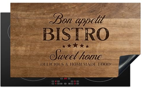 KitchenYeah© Protege Plaque Induction 90x52 cm Deco Cuisine Accessoires Pratique Protection De Vitroceramique Citation - Bistro - Bon appétit - Sweet home - Texture du bois - 90x52 cm