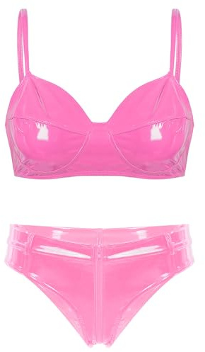 Oyolan Damen Lack Leder Bügel BH Push Up Bra Mini Tanga Erotische Dessous Set Bikini Hose Lingerie Clubwear Rosa XL