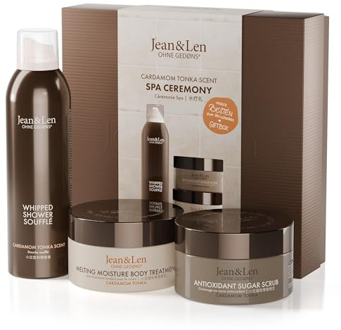 Jean & Len Cérémonie Spa Cardamome et Tonka, Coffret Cadeau avec 3 Produits pour Le Corps et l’Esprit, Boîte Certifiée FSC, Végan
