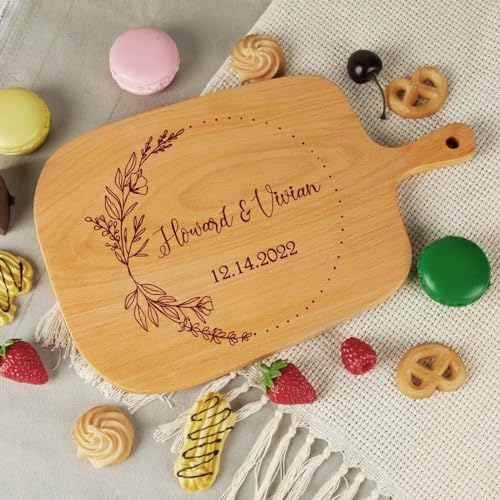 Tablas de cortar personalizadas de madera grabada con asa, tabla de queso personalizada, regalo de compromiso, regalo de despedida de soltera, regalo de recién casado, aniversario, boda, decoración de