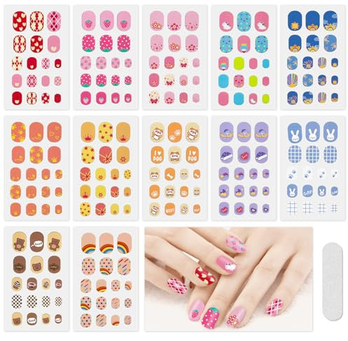 JSRQT 12 Sheets Colorful Nail Stickers, Cute Cartoon Full Wrap Nail Art Decals Kids Girls, Self Adhesive Nail Polish Strip with Nail File, Rainbow Heart Unicorn Design