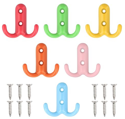 Litinliv 6 Stück Kleiderhaken Kinder Bunt,Klein Metall Haken mit 12 Schrauben,Haken Garderobe Doppelt,Wandhaken Retro Haken,Kleiderhaken Vintage,für Garderobenhaken Badezimmer Küche