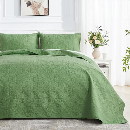 Qucover Tagesdecke 240x260 Grün, Bett überwurfdecke Tagesdecke mit 2 Kissenbezügen bei Ultraschall genäht, Ultra Weiche Tagesdecke Bett, Sofaüberwurf Steppdecke Sofa Decke, Wohndecke für Bett